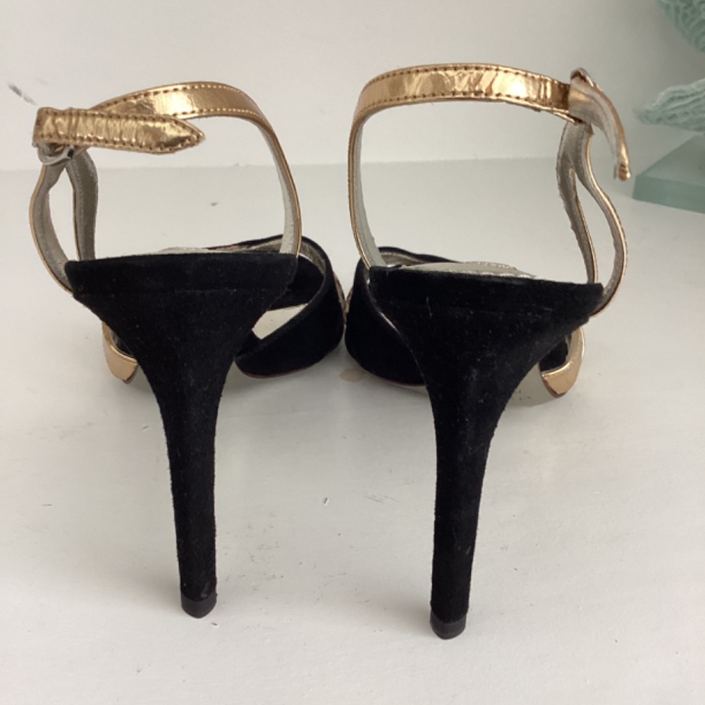 REDUCED DOLCE AND GABBANA BLACK AND GOLD SUEDE & LEATHER HEELS SANDALS 36.5 US 6 - Picture 7 of 10